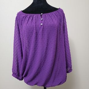 W Purple Women's Blouse Textured Size Medium Gathered Sleeves and Waist